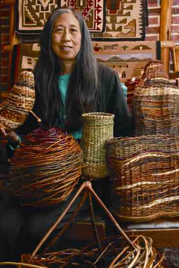 Weaver Donna Sakamoto Crispin uses grasses, leaves, bark and twigs to create baskets and other three-dimensional sculptures.
